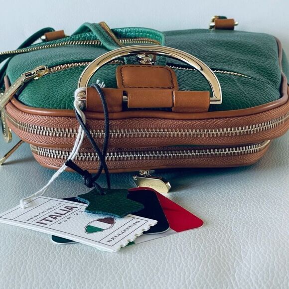 NWT Valentina Green Tan Italian Genuine Leather Convertible Sling Backpack Bag main image 9